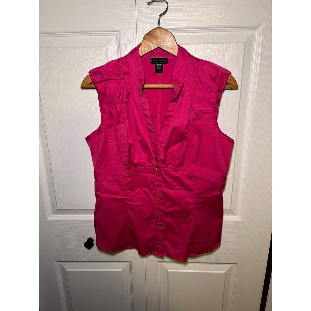 Apostrophe Stretch Sleeveless Ruffle Blouse Hot Pink Large